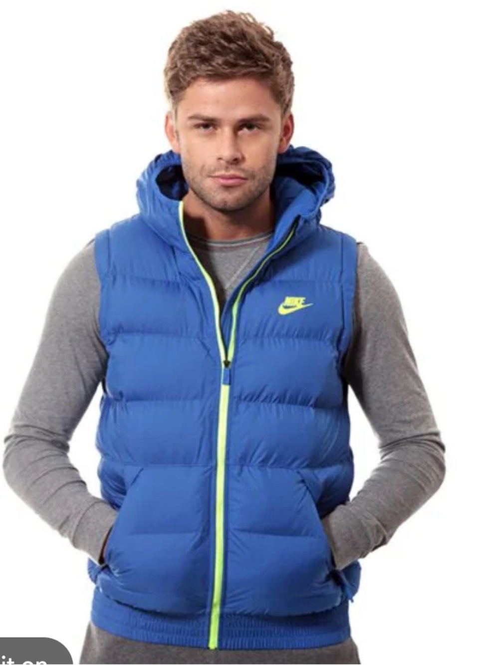 Nike Men’s Royal Blue Hooded Puffer Vest with Neon Accent